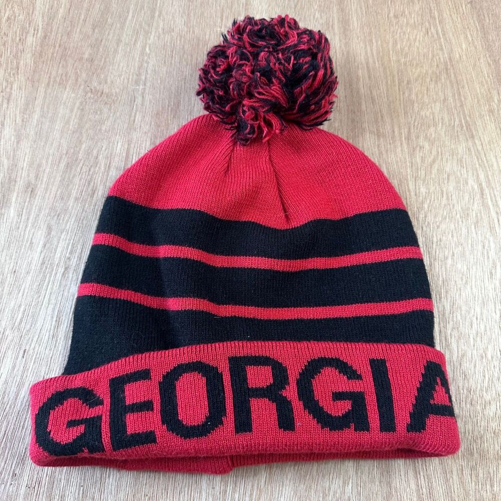 Georgia Bulldogs Knit Beanie Hat Red Black Pom NCAA Winter Cap